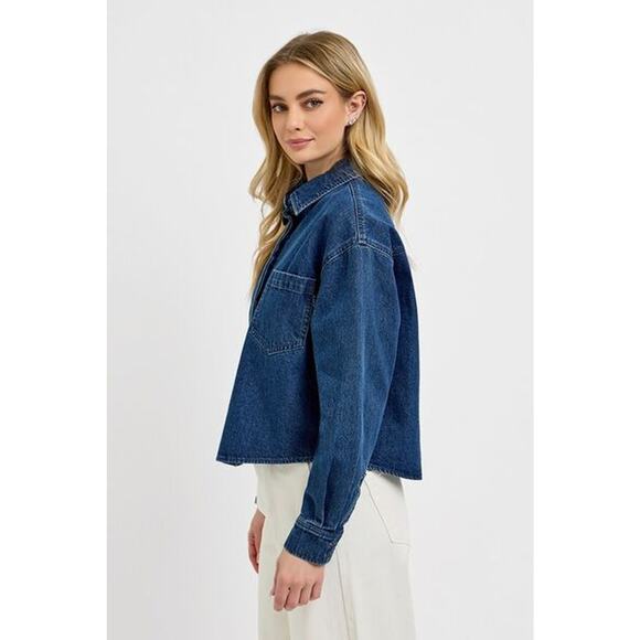 RISEN Hidden Button Up Long Sleeves Chest Pocket Dark Wash Denim Shacket - Picture 4 of 5